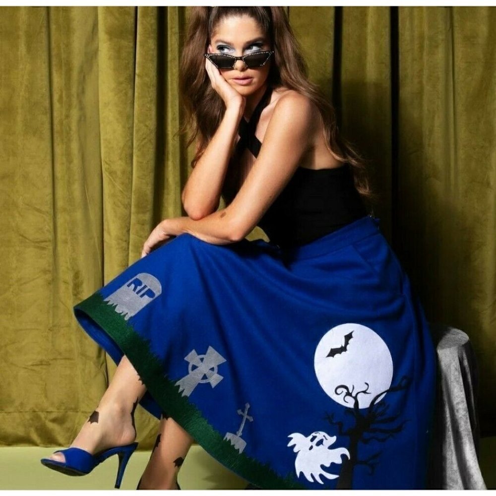 New Unique Vintage Blue Moonlit Graveyard Skirt Womens XS 2 Ghost Bat Cemetery